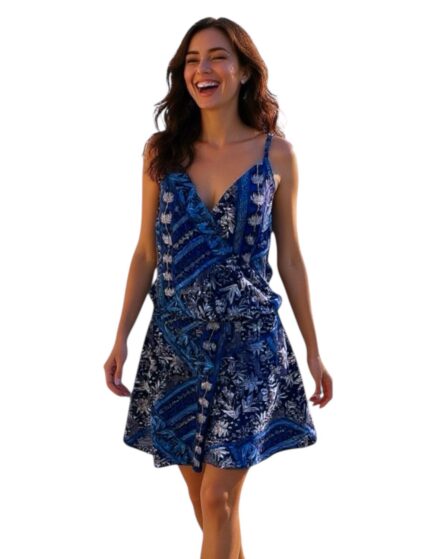 Vestido curto com alça fina e transpassado na frente Batik