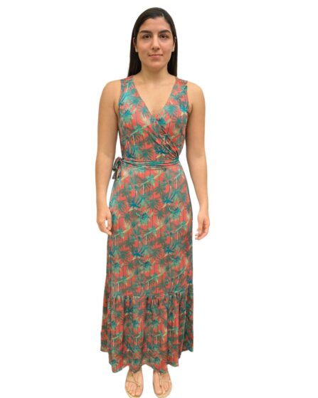 Vestido Longo transpassado com amarração e babado na saia Sem Manga Bliss