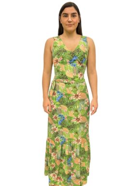Vestido Longo transpassado com amarração e babado na saia Sem Manga Groove