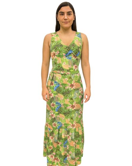 Vestido Longo transpassado com amarração e babado na saia Sem Manga Groove