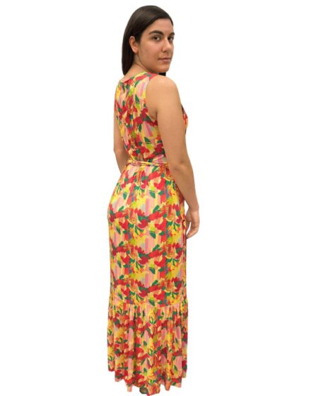 Vestido Longo transpassado com amarração e babado na saia Sem Manga Vitamina - Imagem 3