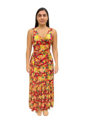 Vestido Longo transpassado com amarração e babado na saia Sem Manga Vitamina