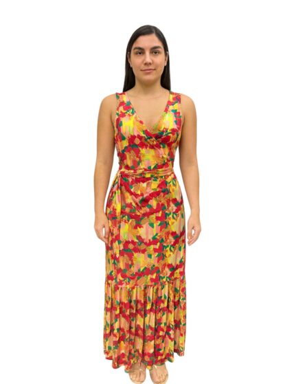 Vestido Longo transpassado com amarração e babado na saia Sem Manga Vitamina