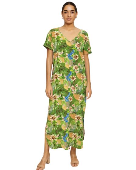 Vestido midi com decote V e mangas curtas Groove