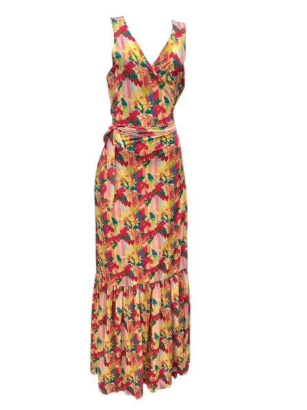 Vestido Longo transpassado com amarração e babado na saia Sem Manga Vitamina - Imagem 4