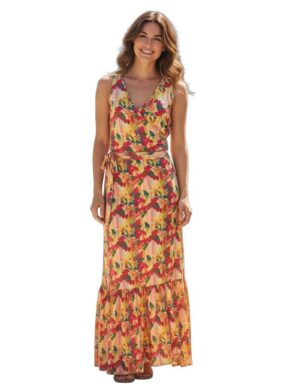 Vestido Longo transpassado com amarração e babado na saia Sem Manga Vitamina