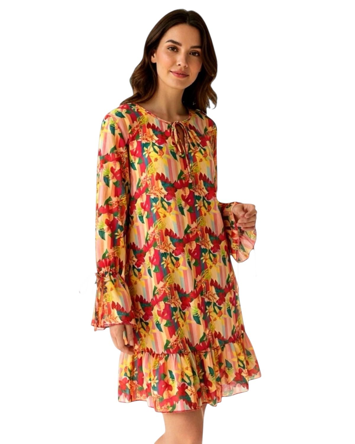 Vestido curto com manga longa e babados Vitamina