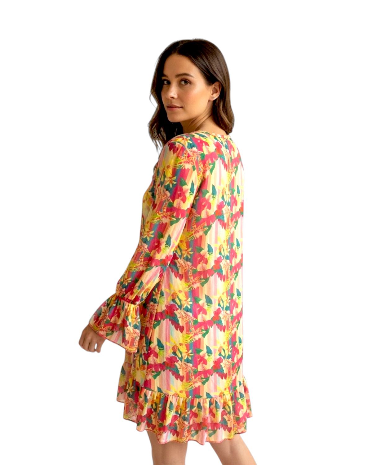 Vestido curto com manga longa e babados Vitamina - Imagem 2