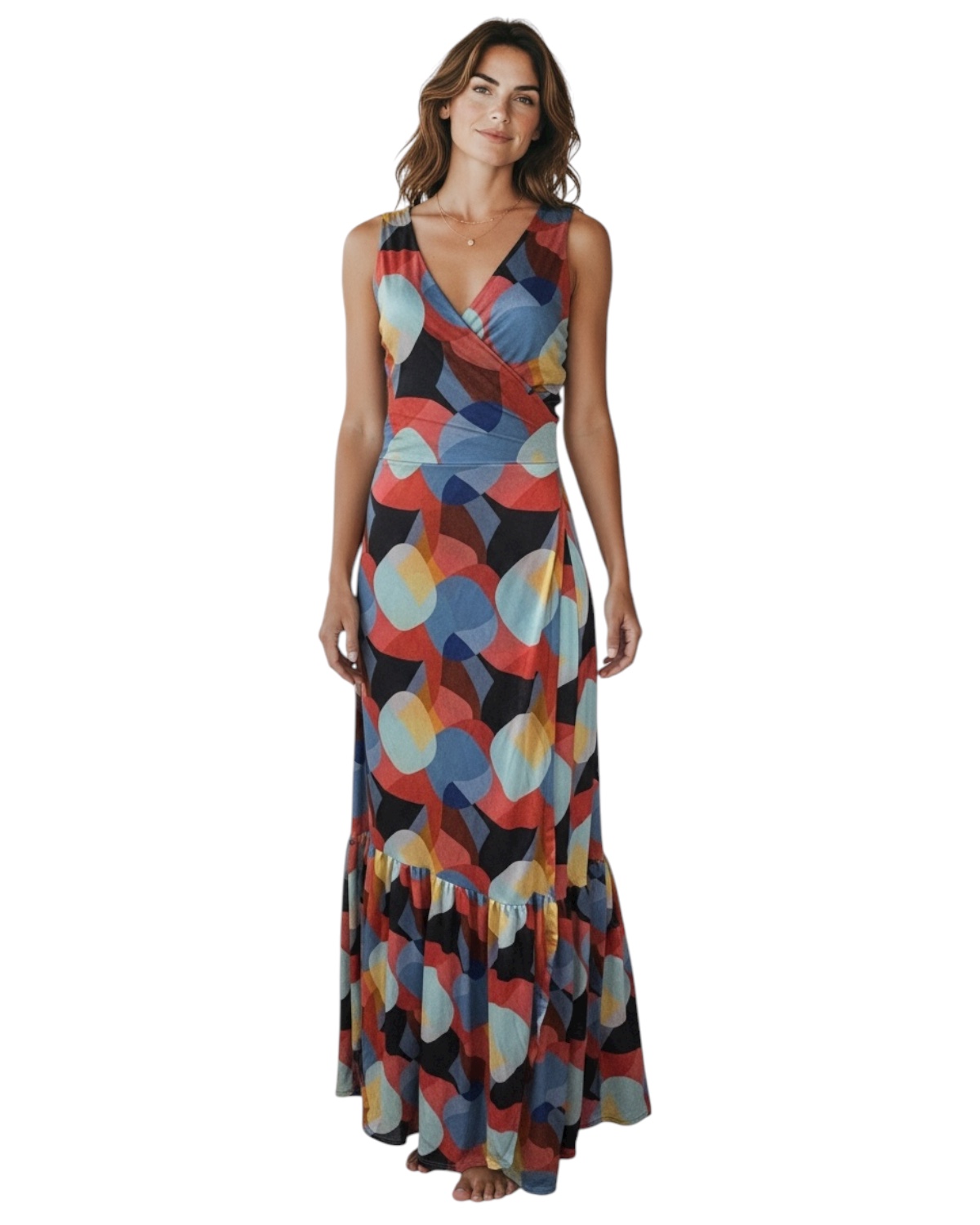 Vestido Longo transpassado com amarração e babado na saia Sem Manga Positano