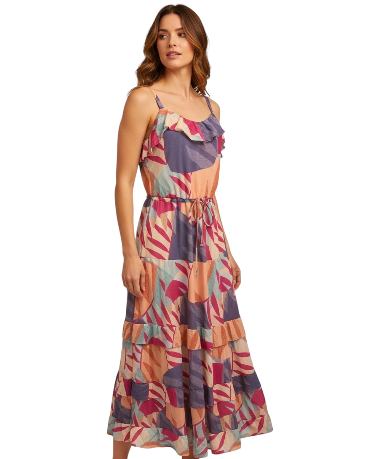 Vestido longo alças finas e babados Twist