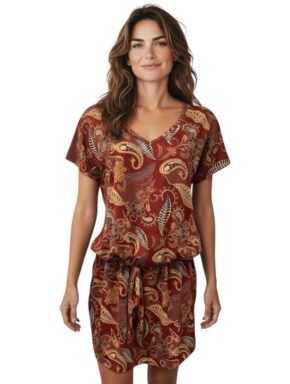 Vestido curto com amarração na cintura e decote V Teba Liquor