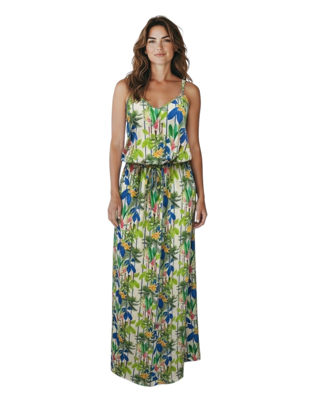 Vestido longo com alças finas e amarração na cintura Giradino